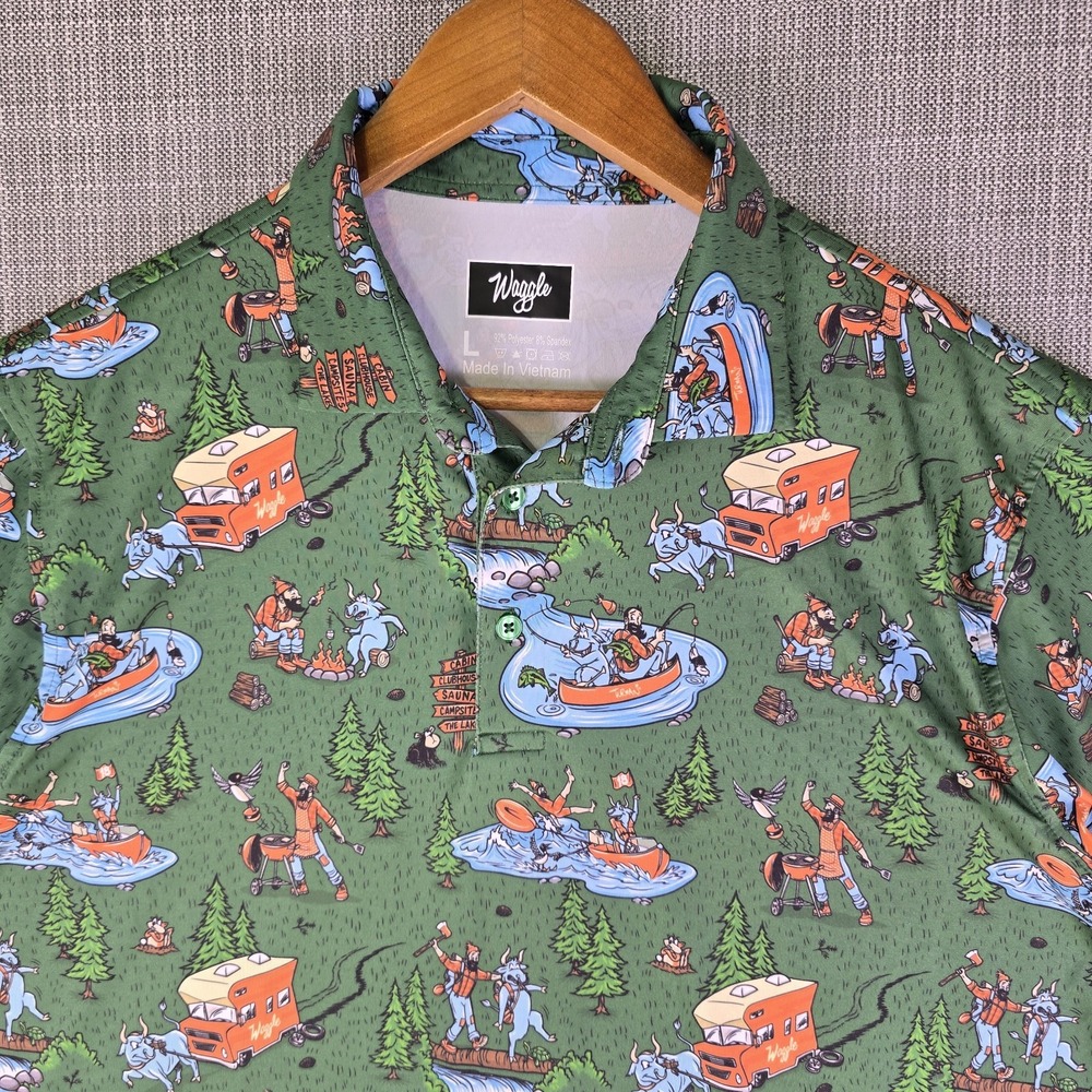 Waggle Turman Paul Bunyan Golf Polo Shirt L Green Blue Ox Performance Funky View 3
